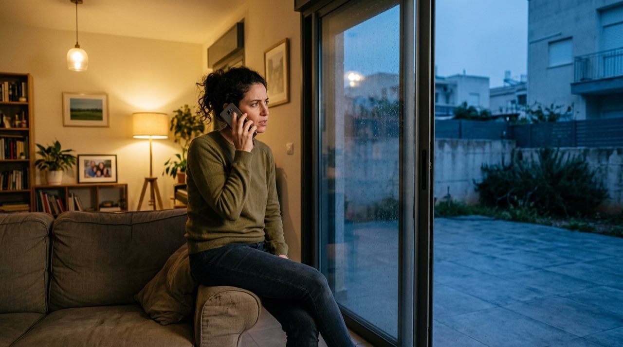 אישה בסלון מדברת בטלפון ומביטה החוצה דרך דלת זכוכית רטובה מגשם.